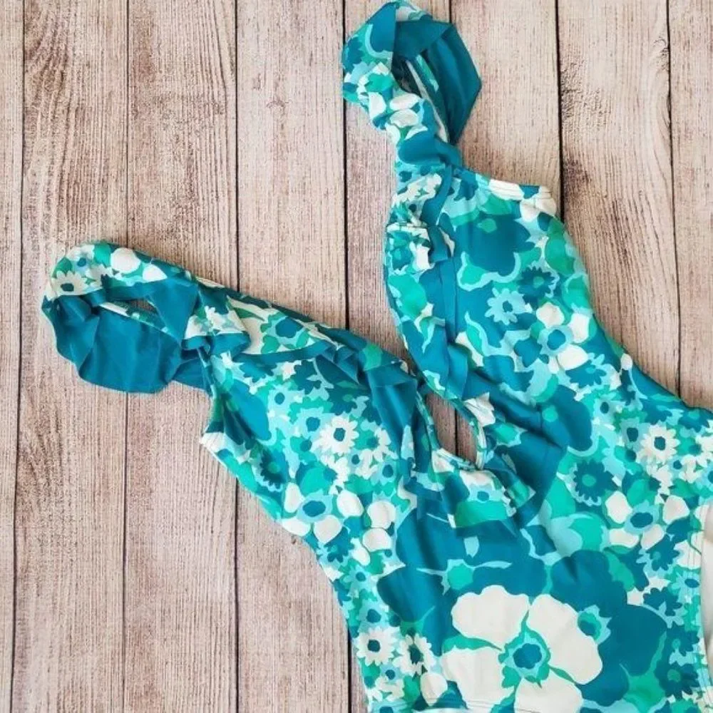 Michael Kors Aqua Blue Floral Plunging Neckline One-Piece Swimsuit Women's